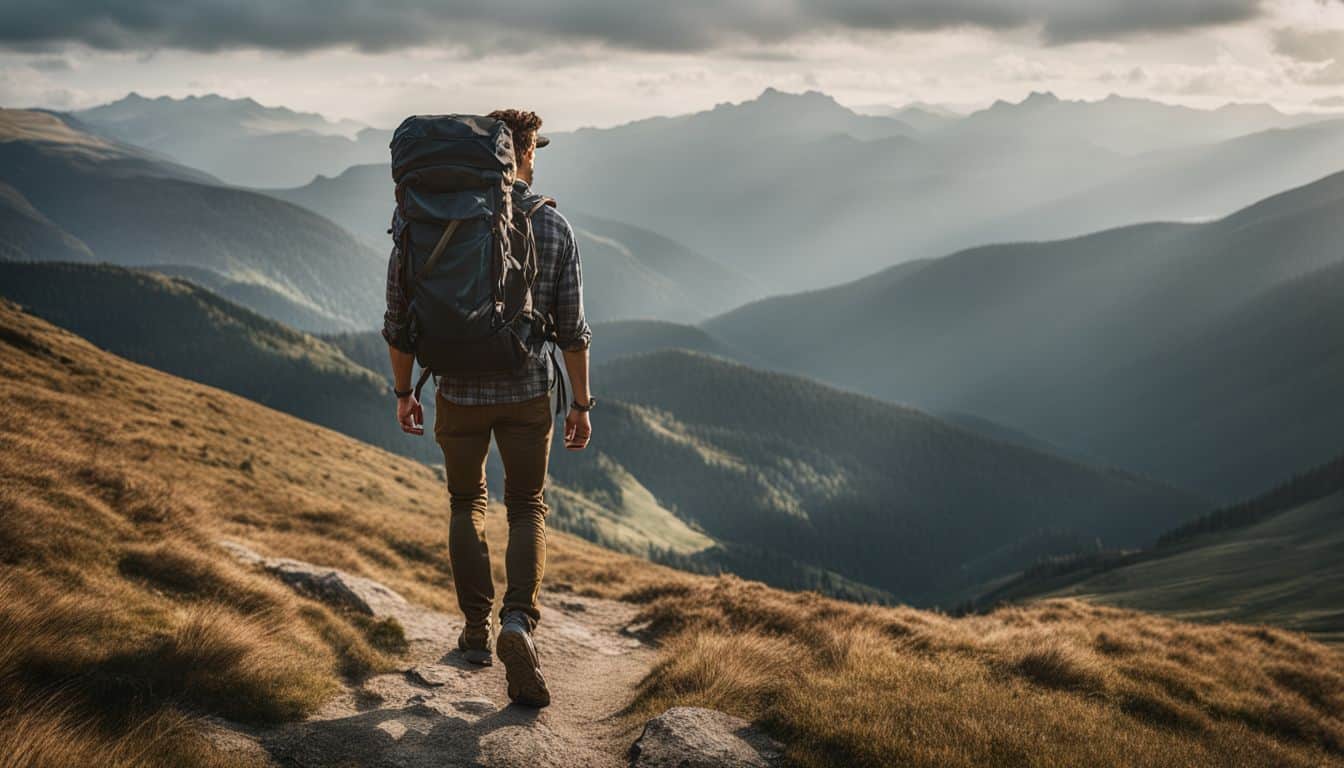 A confident hiker is seen walking on a mountain trail in different outfits and hair styles.