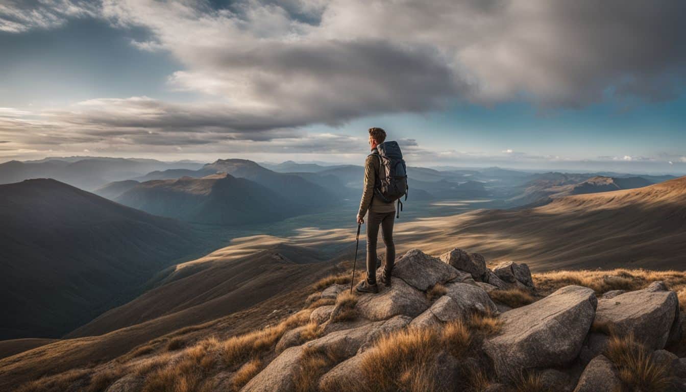 A hiker enjoys the stunning view of a national park from a mountain peak.
