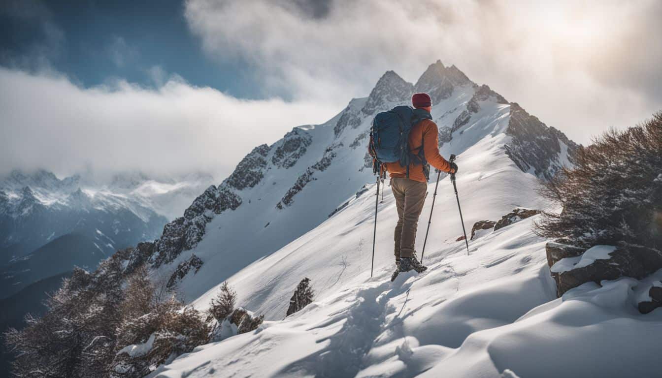 A hiker using trekking poles on a snowy mountain peak surrounded by a bustling atmosphere.