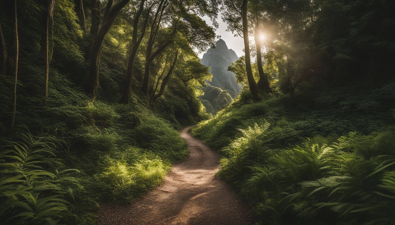 A vibrant hiking trail filled with diverse hikers, captured with high-quality photography equipment.