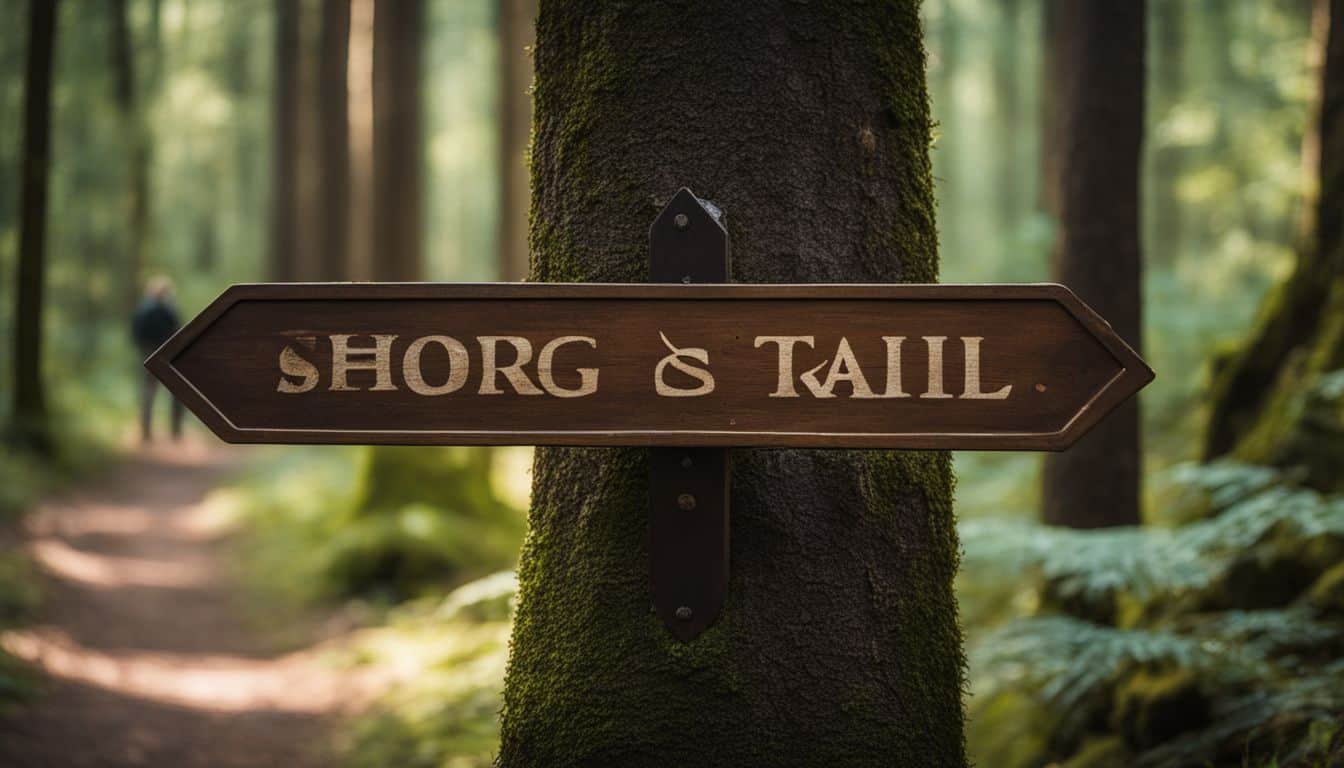 A trail sign in a forest with a variety of people and a bustling atmosphere.