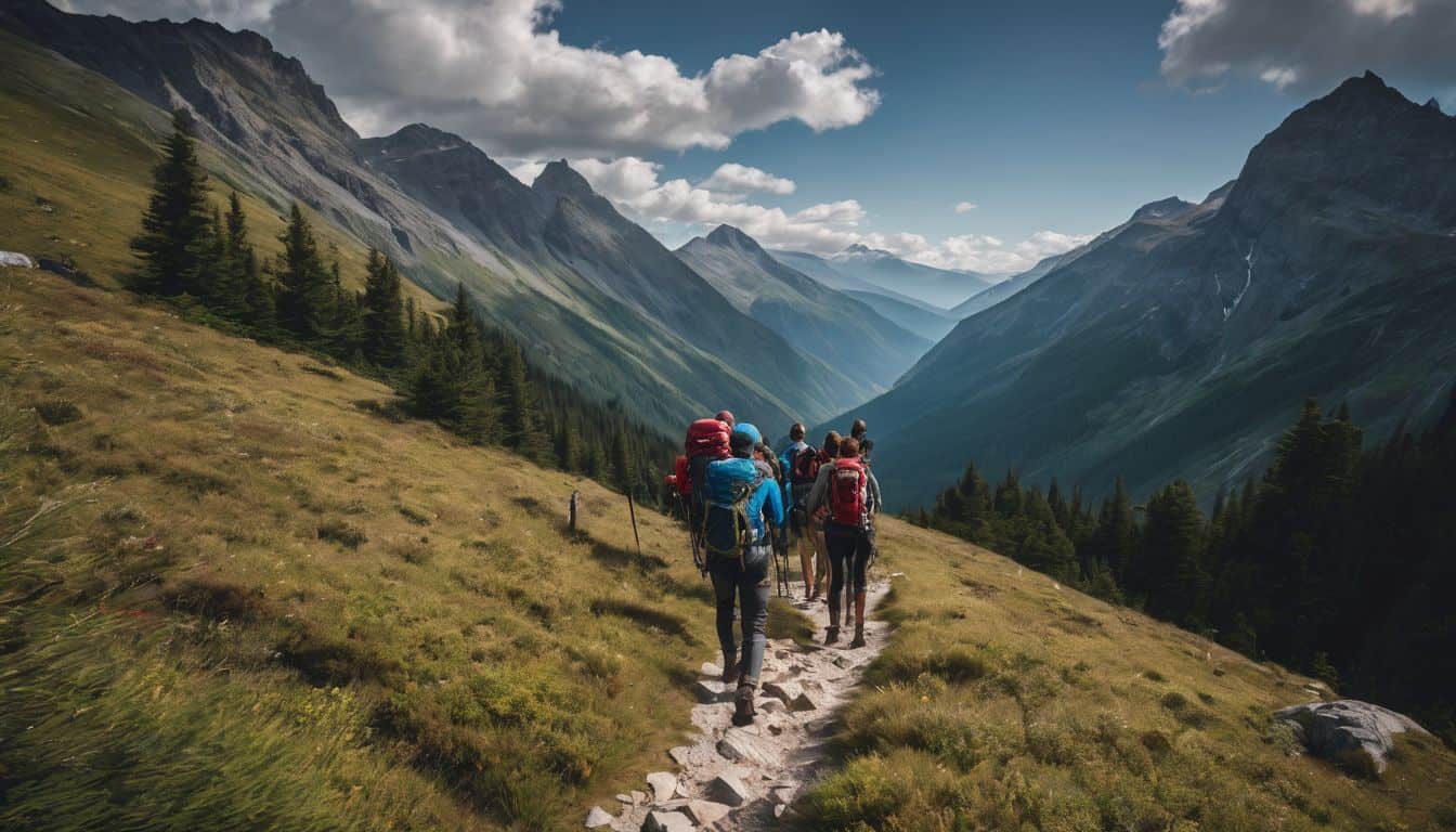 A diverse group of hikers explores a scenic mountain trail, captured in high quality and vibrant colors.