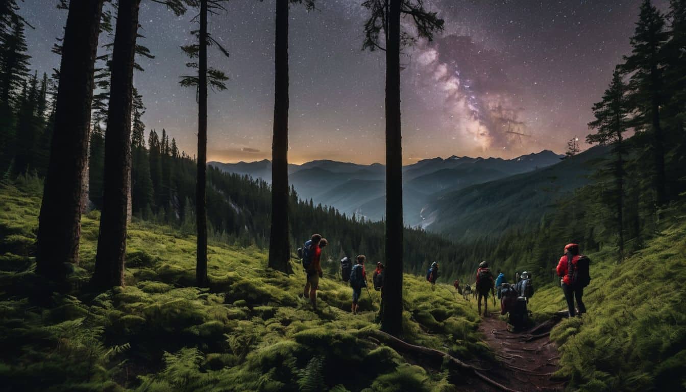 A group of hikers watches shooting stars while surrounded by tall trees in a forest.