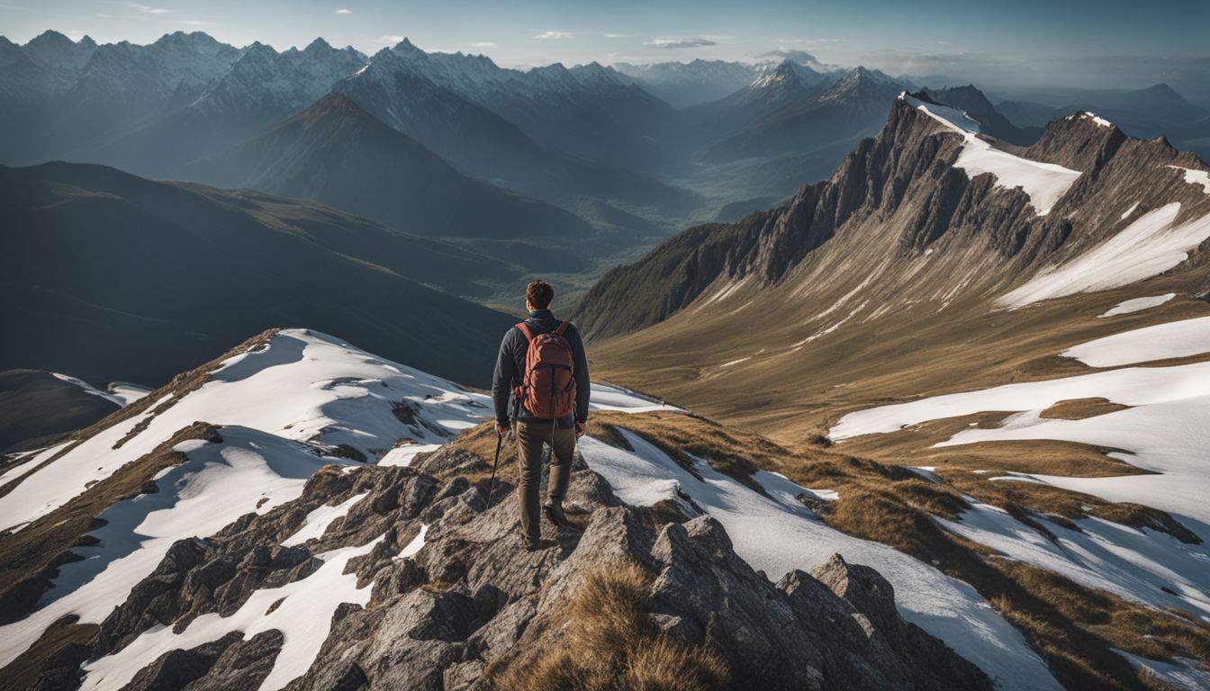 A hiker stands atop a mountain peak, surrounded by stunning scenery, captured in high-quality detail.