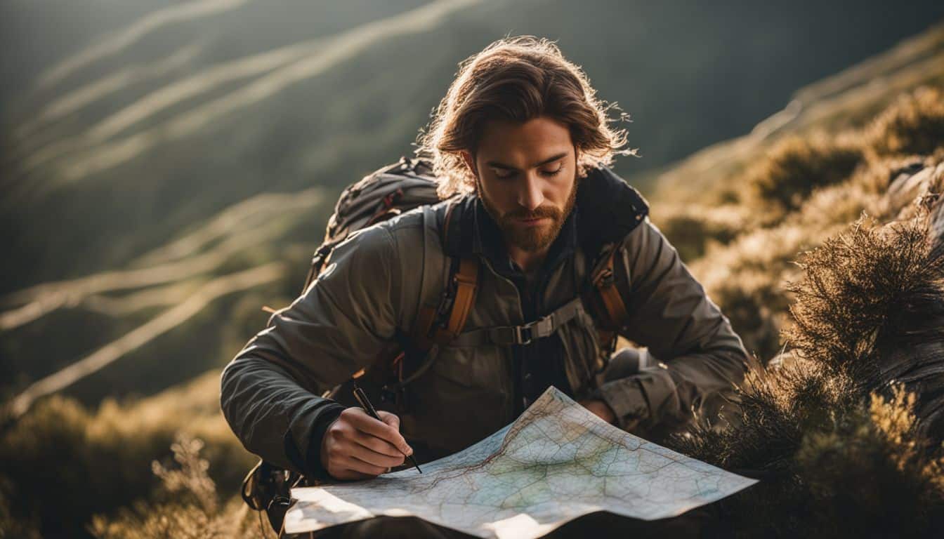 A person backpacking in the wilderness with a map and compass, captured in vivid detail and vibrant colors.