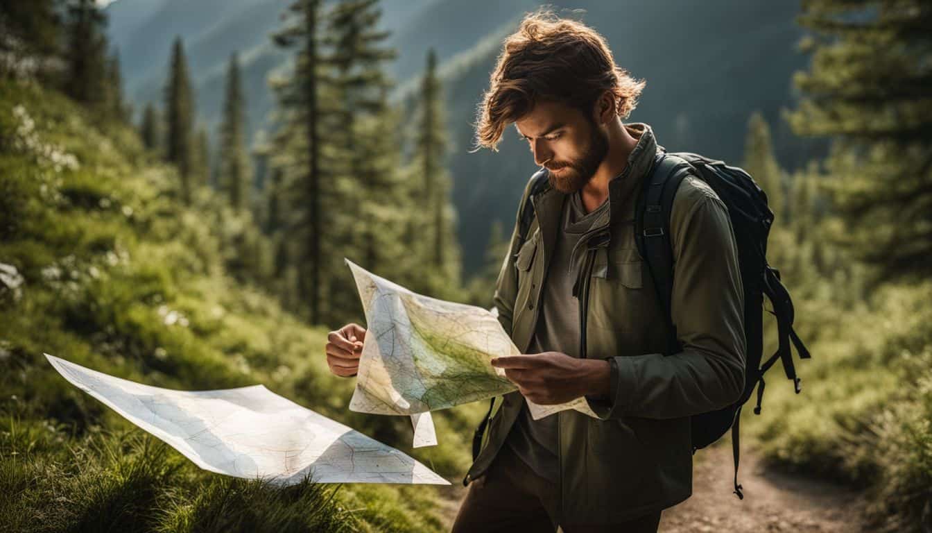 A hiker stands at a trailhead surrounded by lush greenery, looking at a map, immersed in nature.