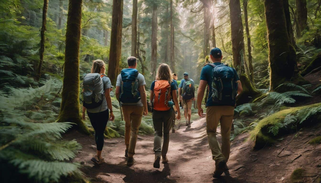 A diverse group of friends enjoy a scenic hike together in a vibrant forest setting.