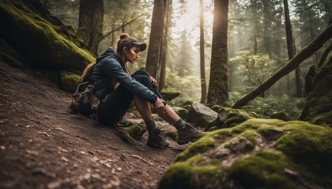 A hiker with a twisted ankle sits on a rocky trail in the forest, in need of assistance.