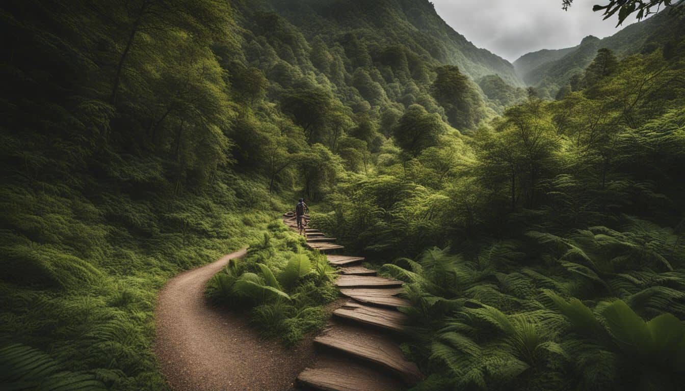 A photo of a diverse group of hikers exploring a lush hiking trail surrounded by nature.