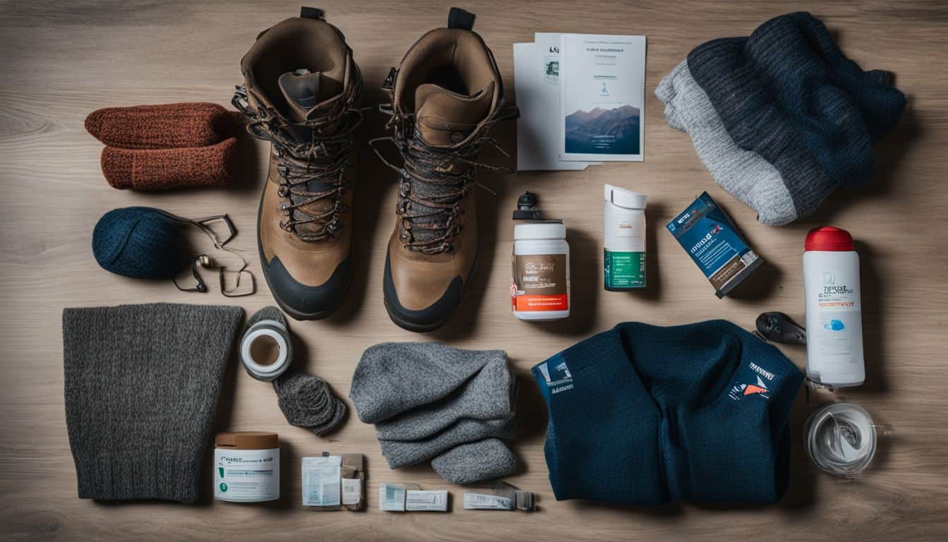 A pair of hiking boots surrounded by various socks and first aid supplies in a bustling atmosphere.