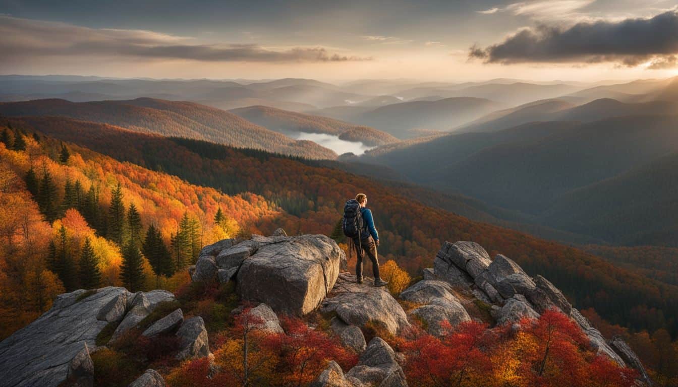 A hiker stands on a rocky peak surrounded by vibrant fall foliage in this stunning landscape photograph.