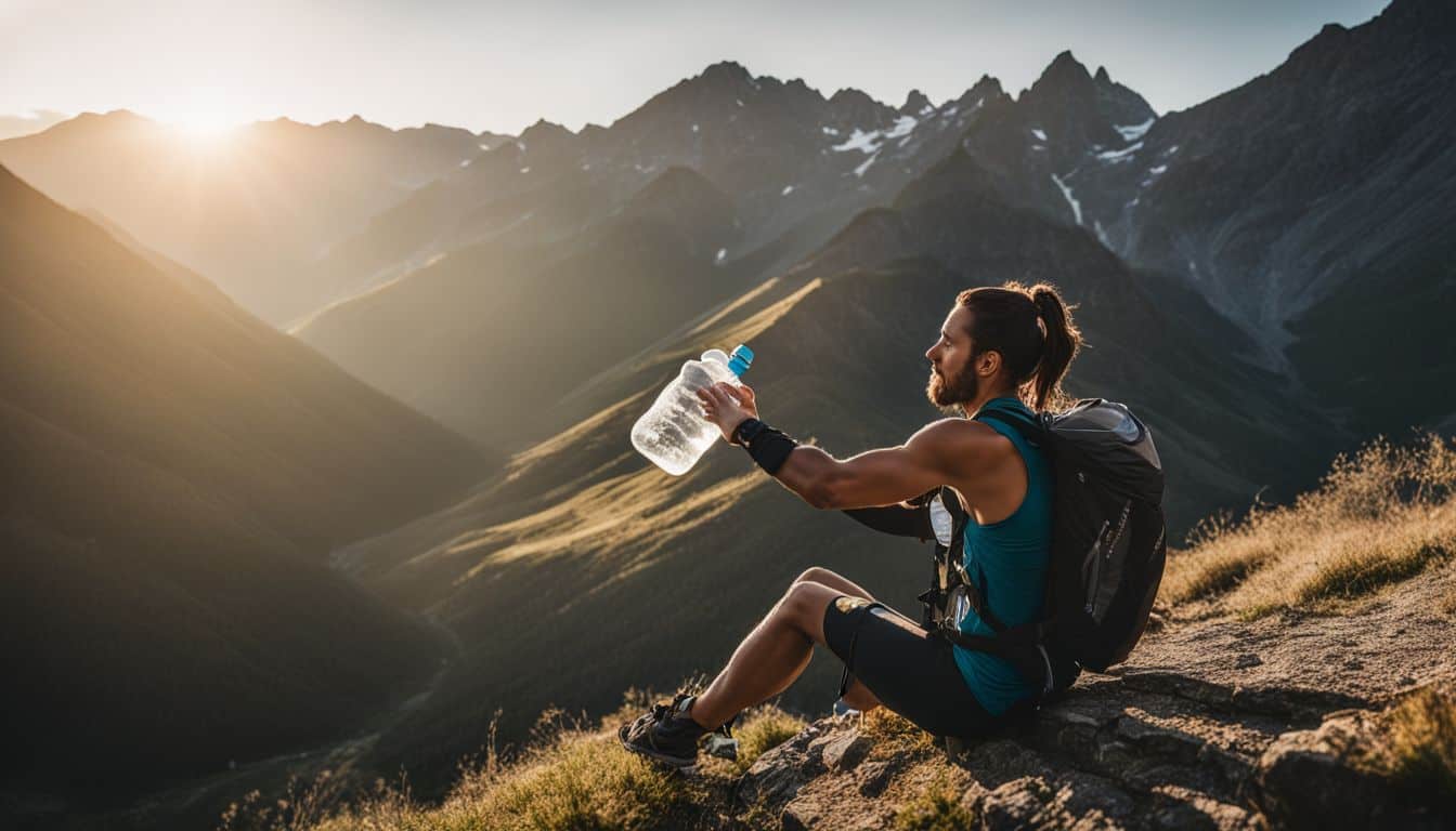 A trail runner staying hydrated in the picturesque mountain trails.