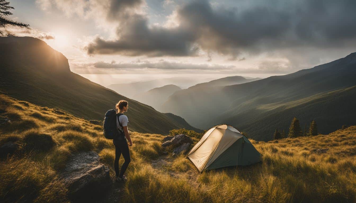 A hiker enjoying a scenic camping spot surrounded by lush greenery in a bustling atmosphere.