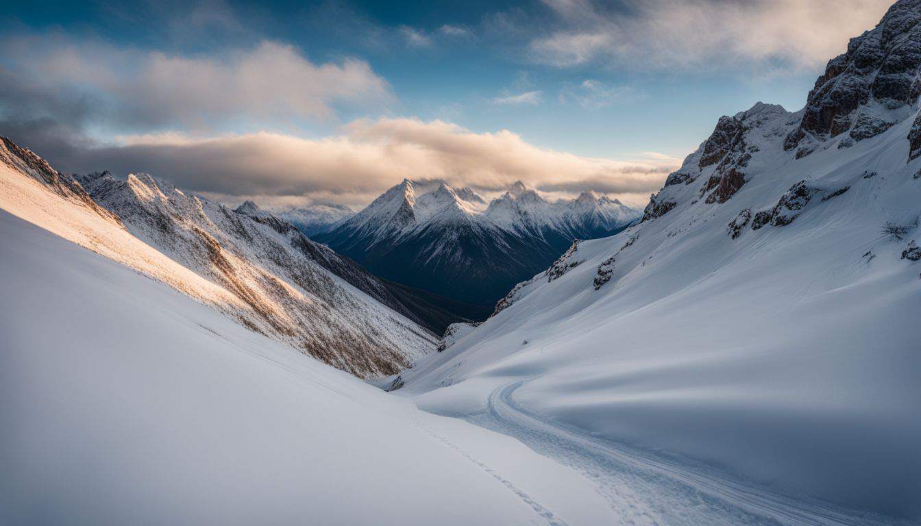 A stunning landscape photo of a snow-covered mountain peak with a winding trail leading to the top.