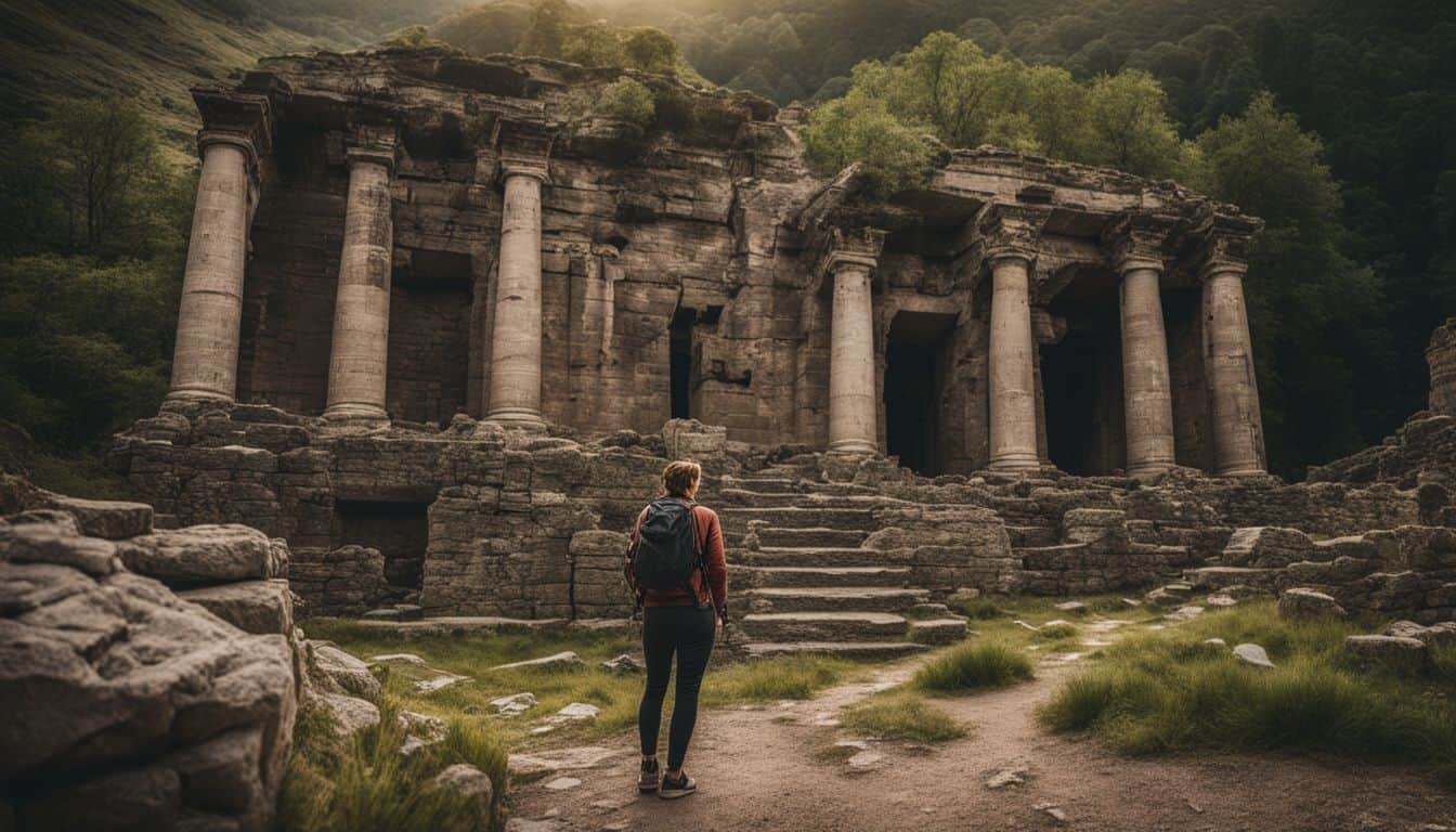 A hiker explores ancient ruins on a historical hiking trail, capturing stunning photos with a professional camera.