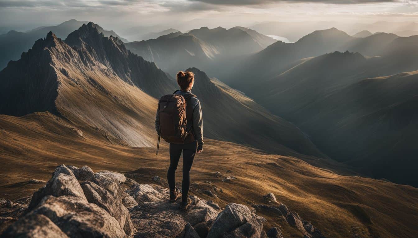 A hiker enjoying stunning views on a mountain peak, captured with high-quality photography equipment.
