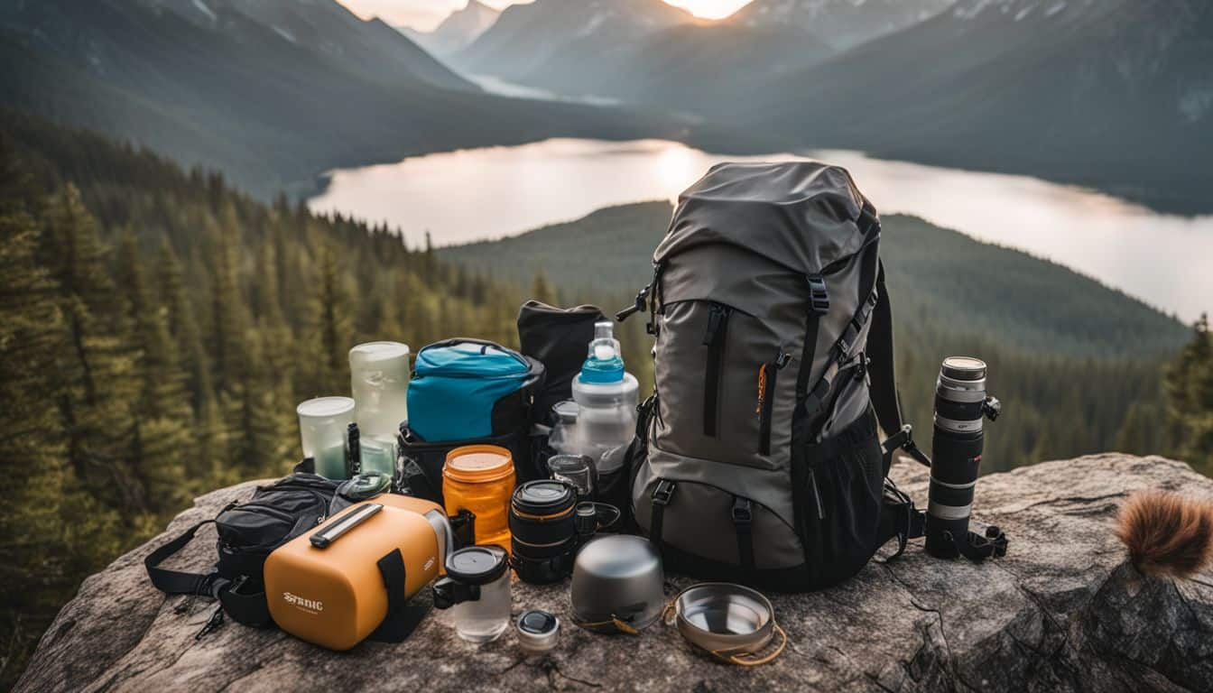 A backpack filled with camping gear is featured in a scenic mountain landscape.