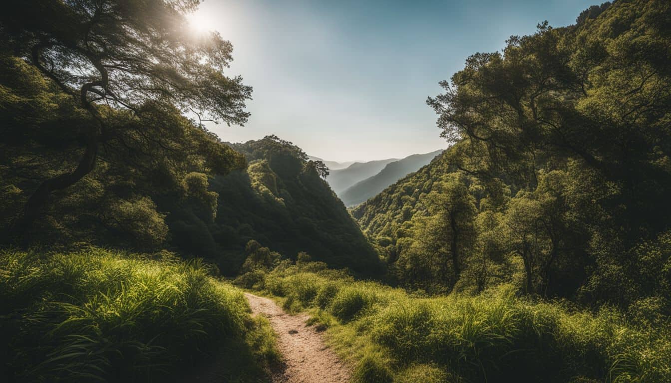 A vibrant hiking trail with diverse people showcasing various hairstyles and outfits.