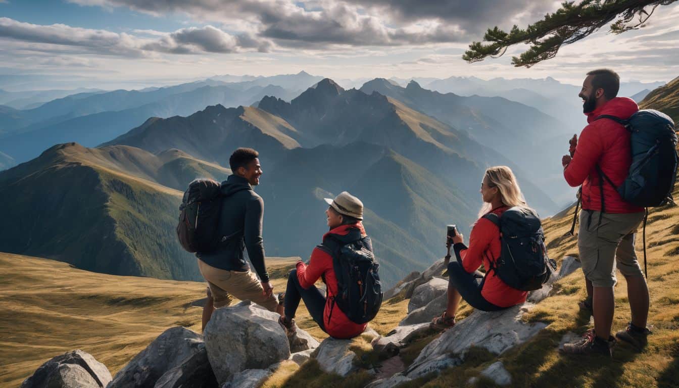 A diverse group of hikers enjoy a scenic mountain view while smiling and posing for a photo.