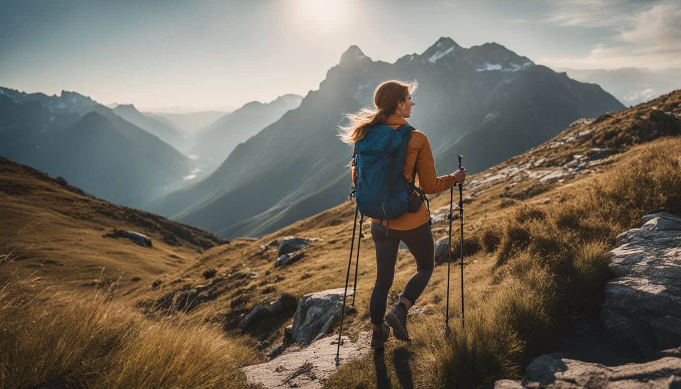 A confident woman hikes with walking poles in the mountains surrounded by beautiful nature.