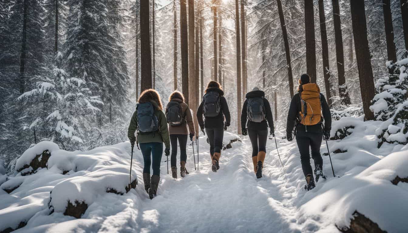 A group of hikers exploring a snow-covered trail in a winter forest.
