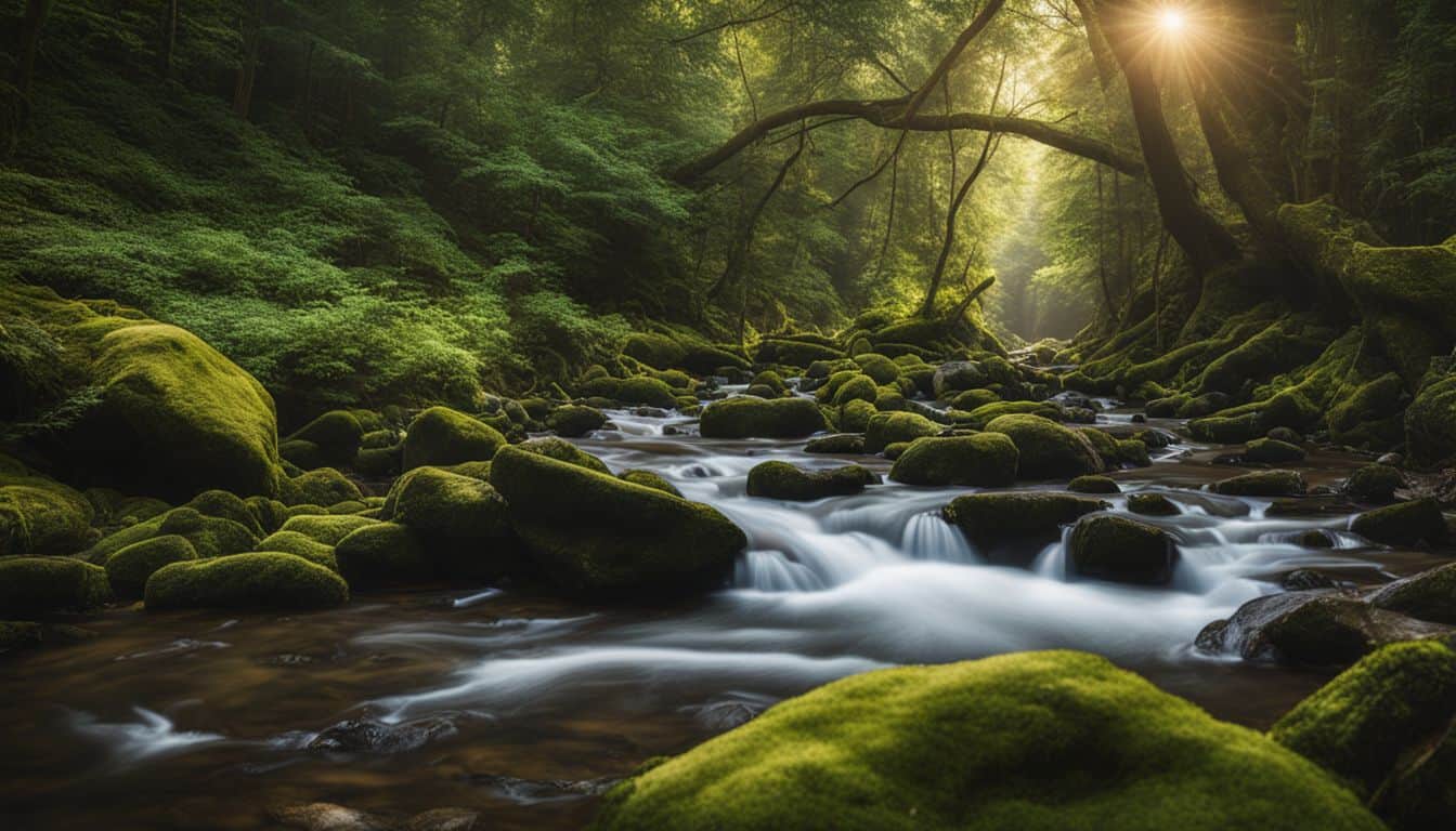 A serene forest scene featuring a stream, greenery, and a variety of people with different hairstyles and outfits.