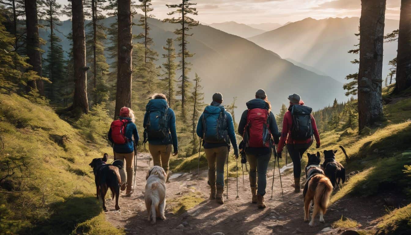 A group of hikers and their dogs enjoy a scenic trail in a bustling atmosphere.