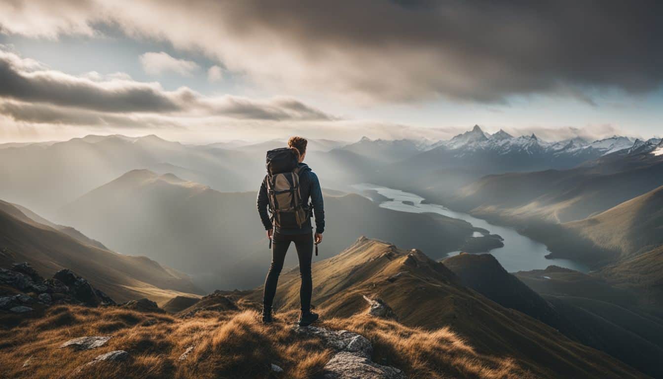 A hiker stands on a mountaintop surrounded by breathtaking landscapes, showcasing different individuals and their unique styles.