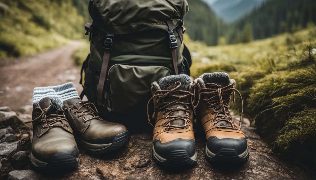 A photo of hiking gear neatly arranged next to a backpack in a bustling outdoor setting.
