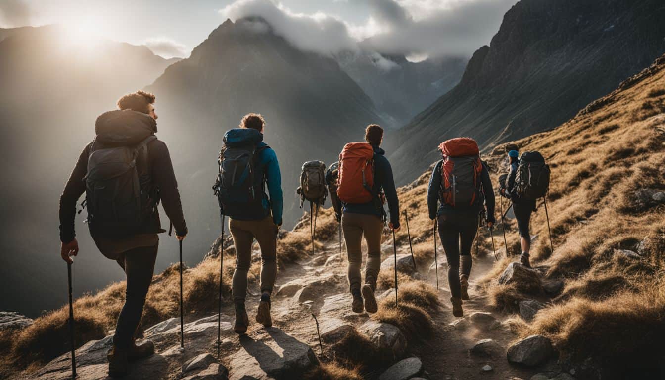 A confident hiker leads a diverse group up a challenging mountain trail in a well-lit, bustling atmosphere.