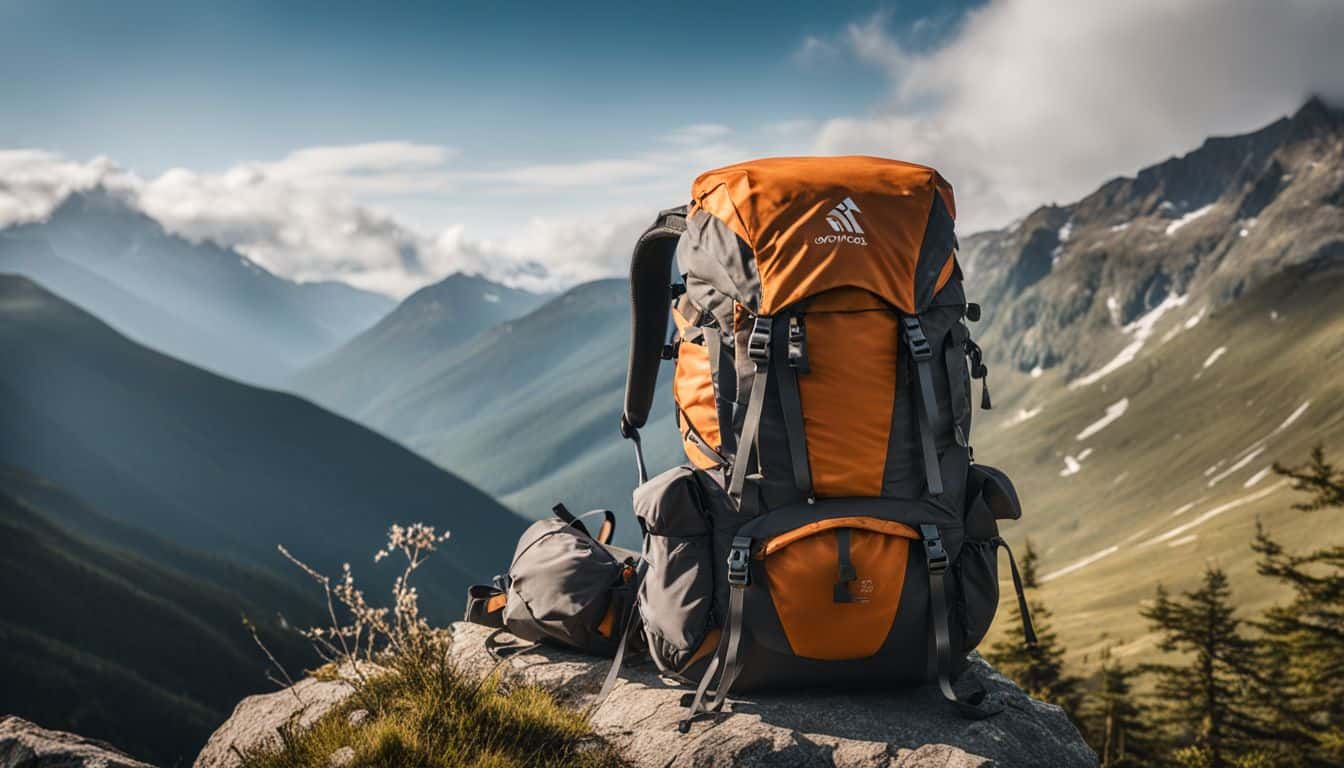 A hiking backpack filled with survival gear is featured in a scenic mountain landscape photograph.
