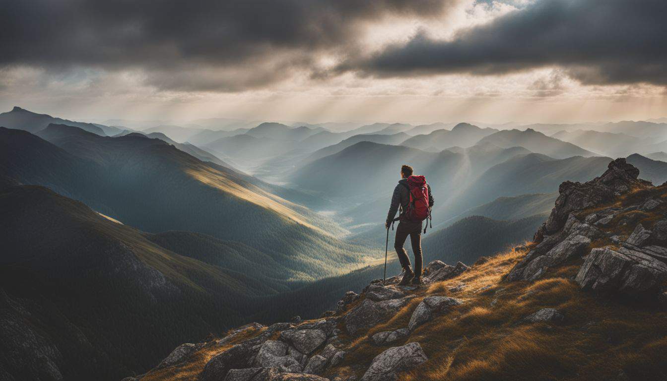 A hiker stands on a mountain peak surrounded by breathtaking views, captured with professional photography equipment.