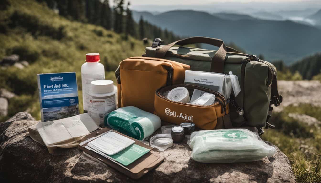 A well-equipped first aid kit on a hiking trail with diverse people, capturing the beauty of nature and adventure.