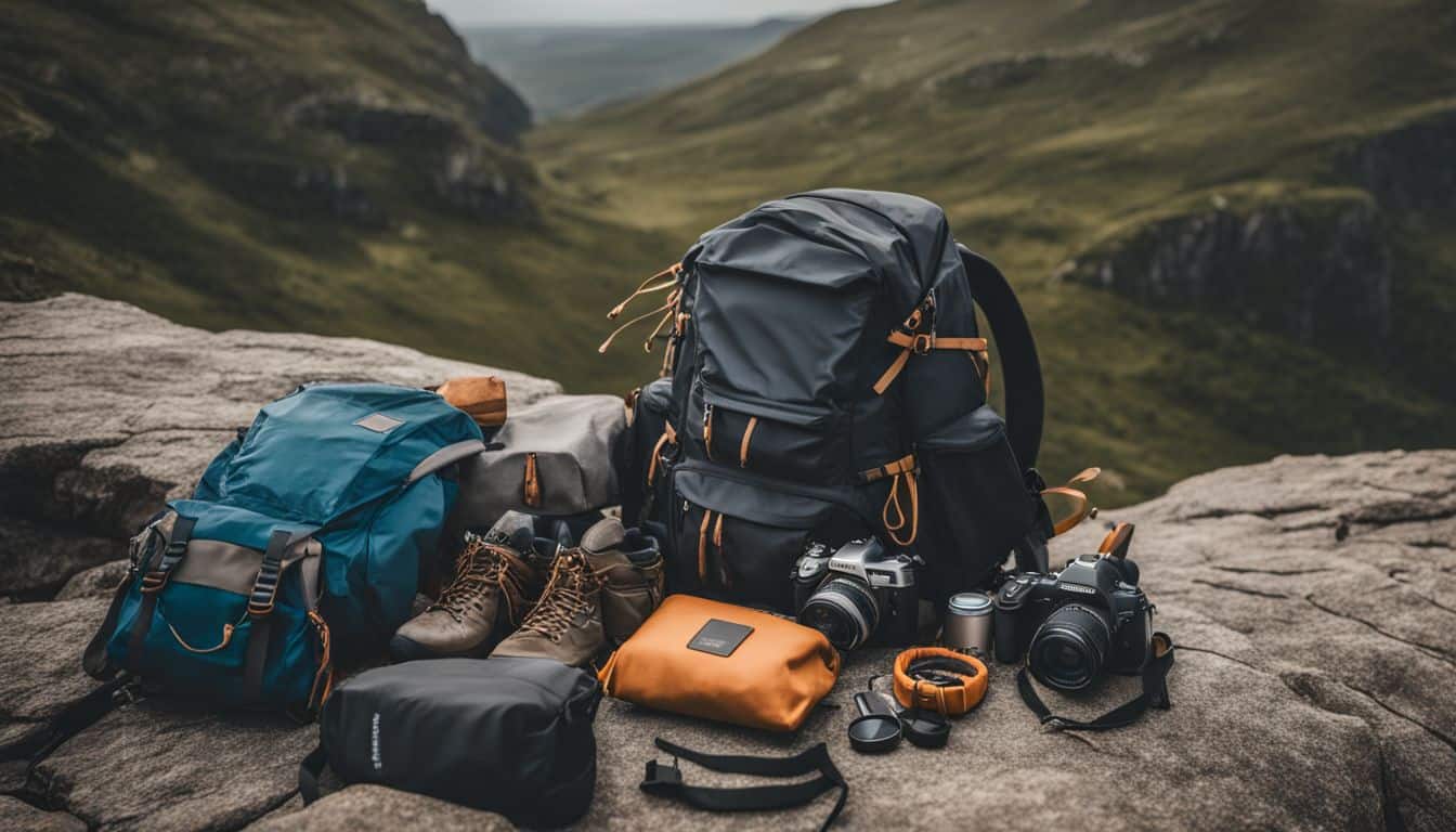 A photo of hiking gear laid out on a rocky cliff with a backpack, taken with a high-quality camera, showcasing the outdoors.