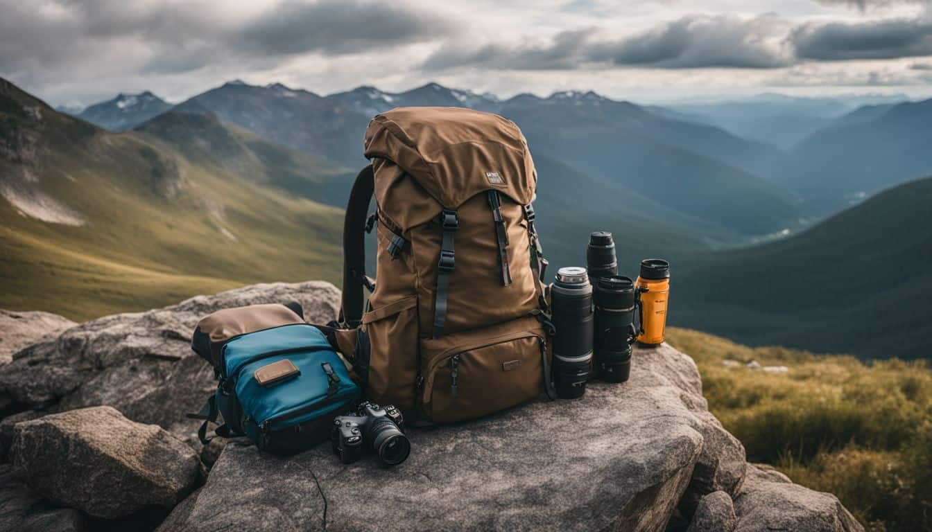 A backpack filled with hiking essentials placed on a rocky mountain ledge in a bustling outdoor atmosphere.