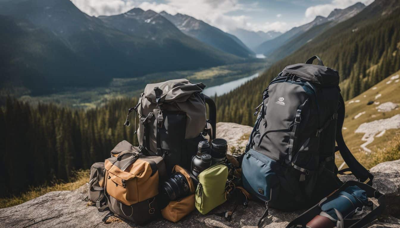 A backpack filled with hiking essentials surrounded by a scenic mountain landscape.