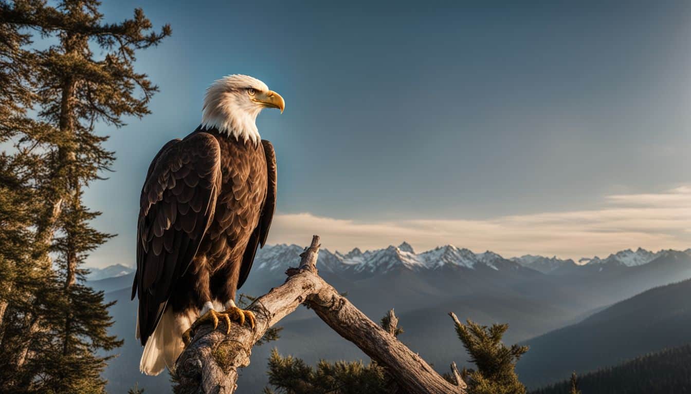 A bald eagle overlooks a hiker on a trail, captured in stunning detail with a DSLR camera.