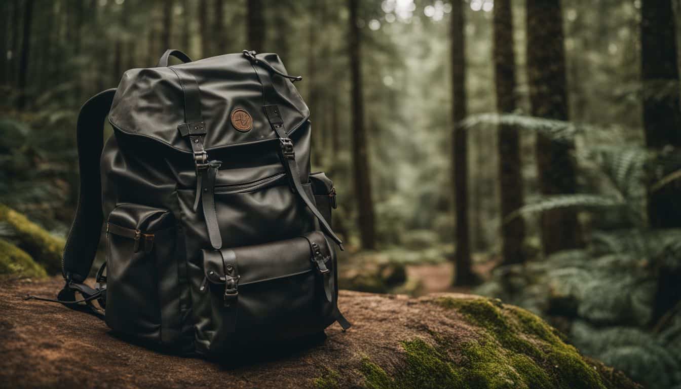 A photo of a backpack filled with eco-friendly hiking essentials, set in a lush forest.