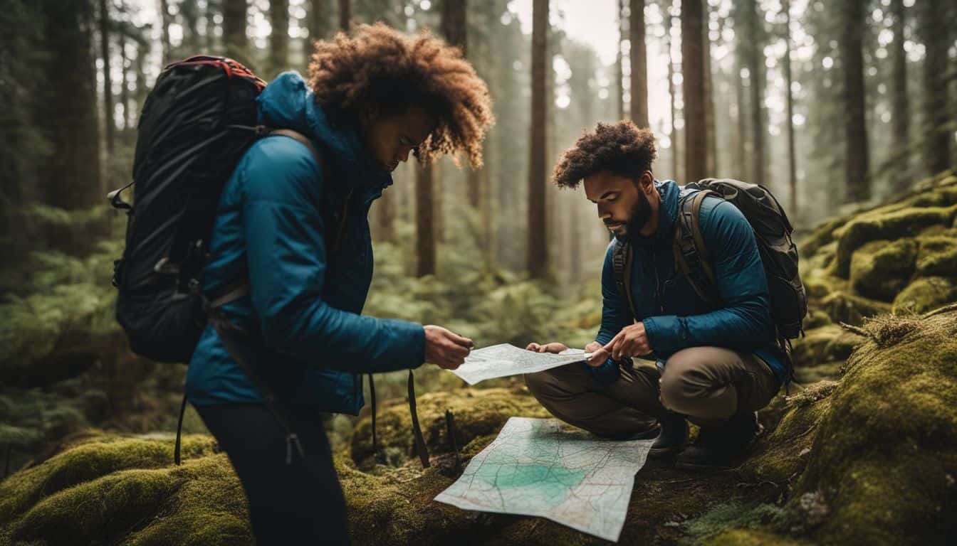 A hiker using a compass and topographic map in a dense forest, captured in high-resolution and photorealistic quality.