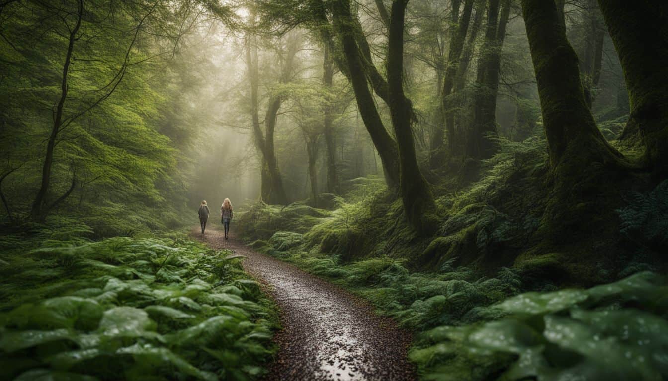 A stunning forest path with diverse individuals and vibrant greenery.