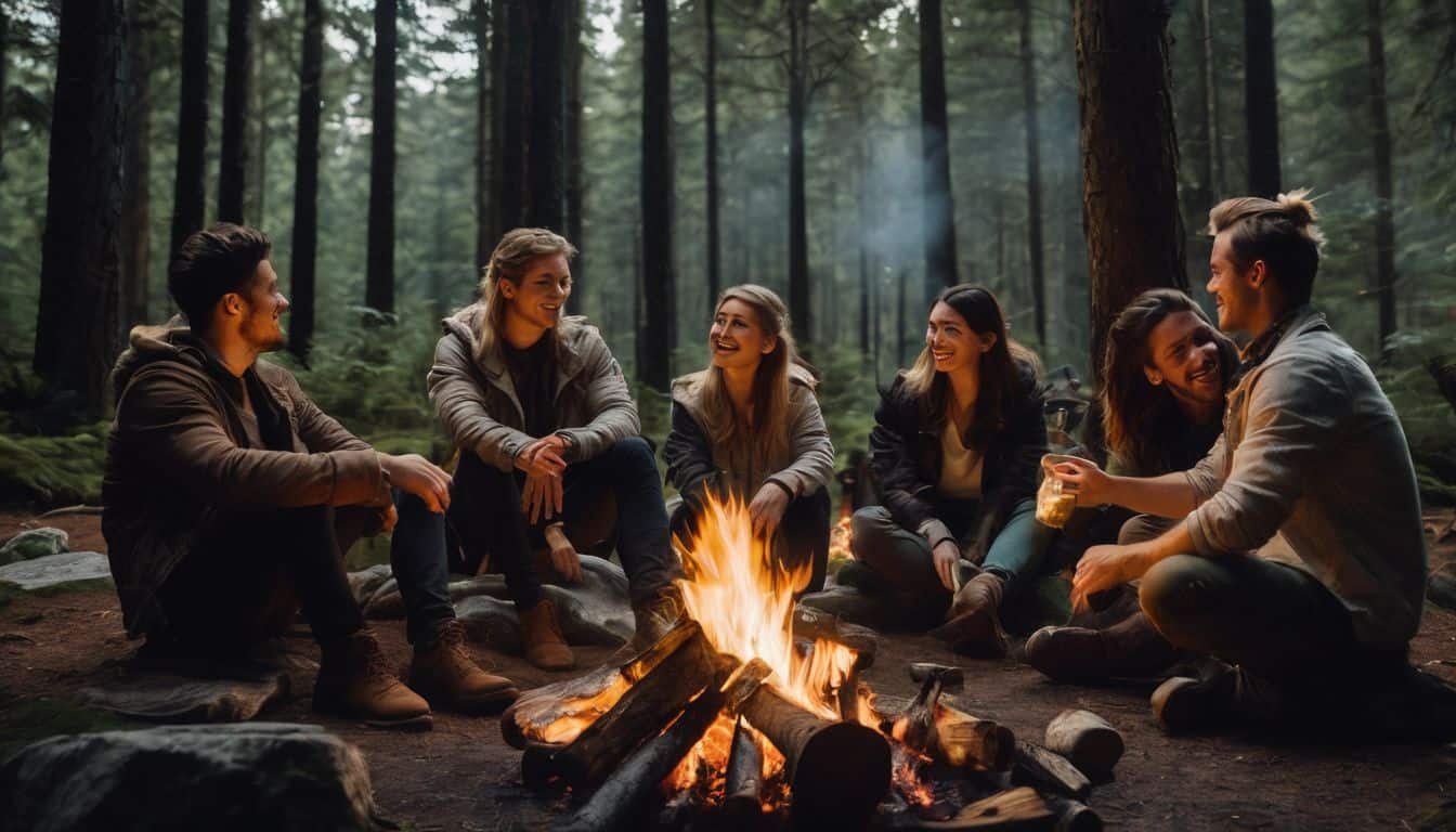 A group of diverse friends enjoy a campfire in the forest surrounded by nature.