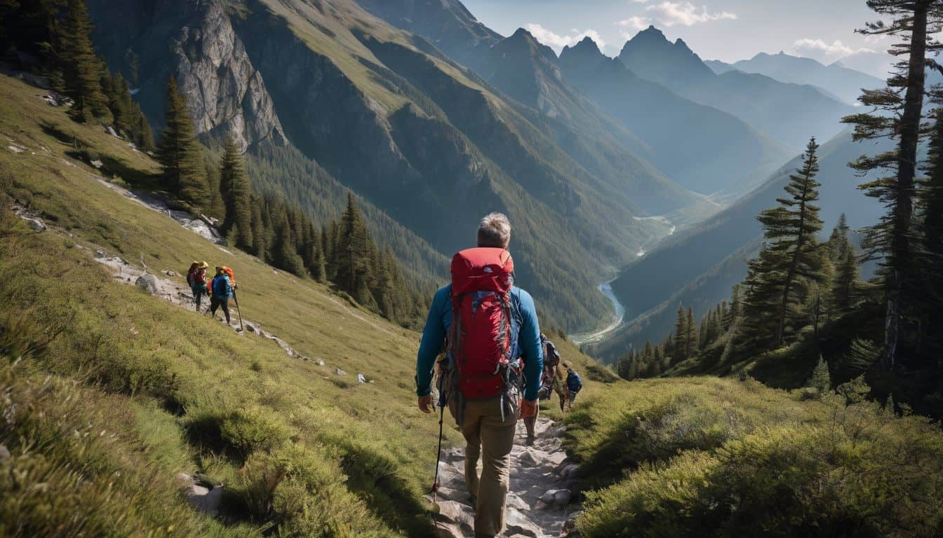 An experienced guide leads a diverse group of hikers through a scenic mountain trail.