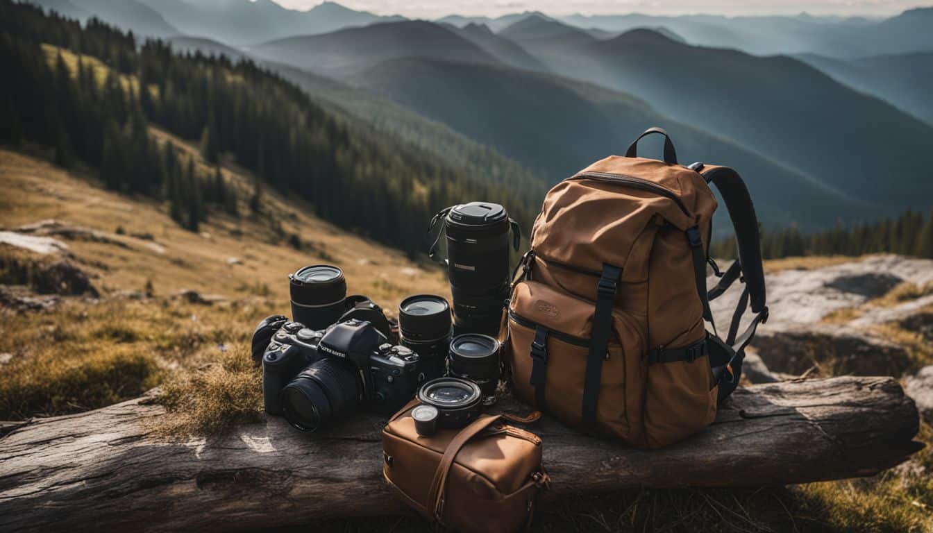 A backpack of hiking essentials is placed on a log in a scenic mountain landscape.