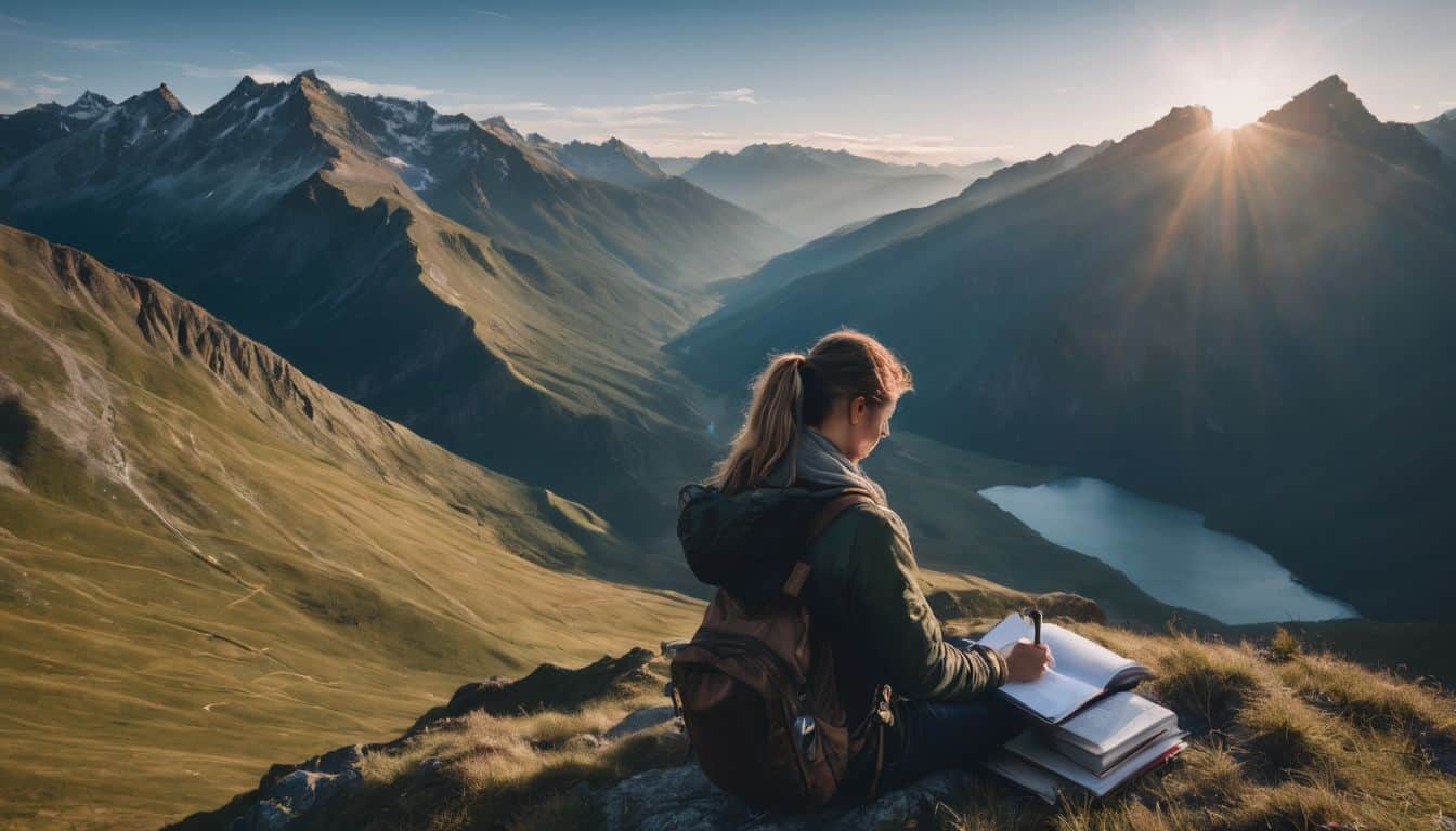 A person writing in a journal on a mountain peak surrounded by a beautiful landscape.