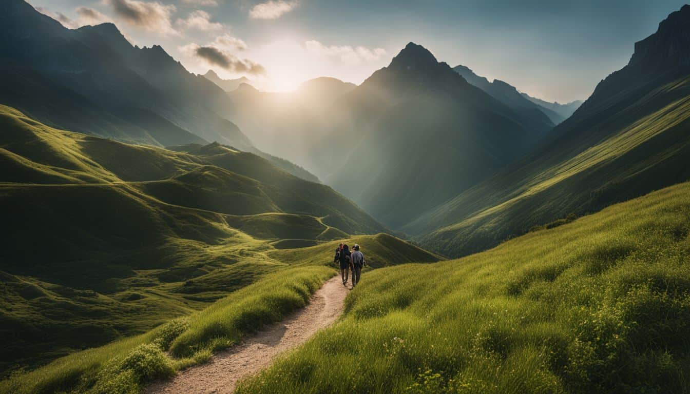 A scenic mountain trail with diverse hikers captured in high-resolution, showcasing the beauty of nature.