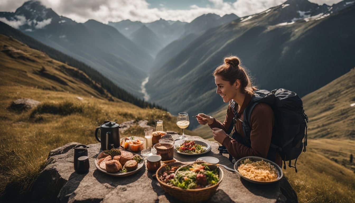 A hiker enjoying a meal in a beautiful mountain landscape.