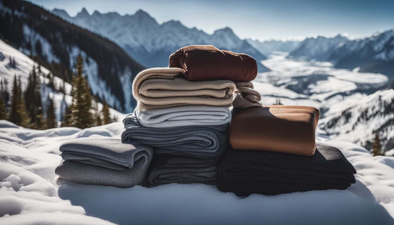 A photo of neatly folded base layers surrounded by snow-capped mountains, showcasing different faces and outfits.