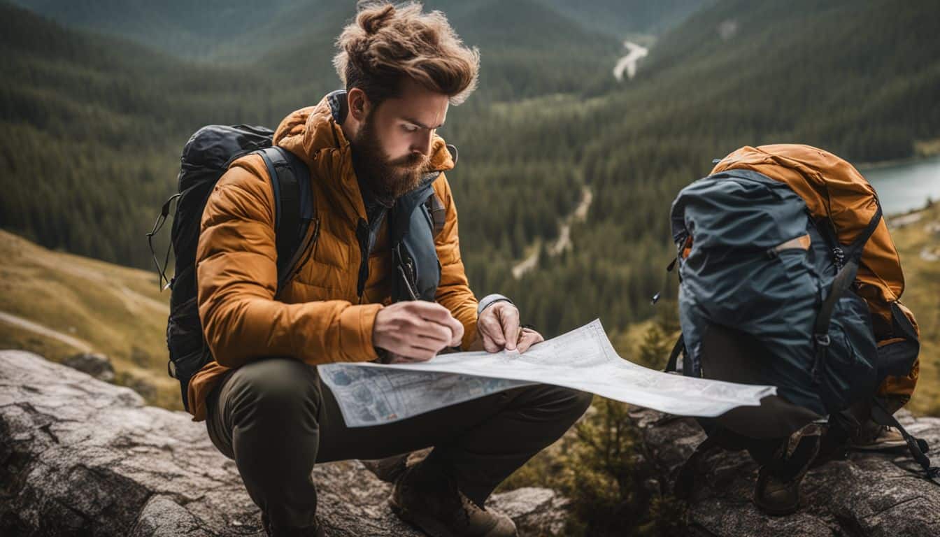 A hiker studies a map at the starting point of a hiking trail, surrounded by a bustling atmosphere.