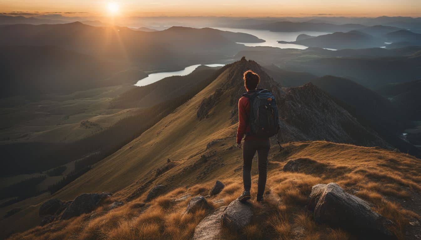 A hiker enjoying a peaceful sunrise on a mountaintop, captured with high-quality photography equipment.