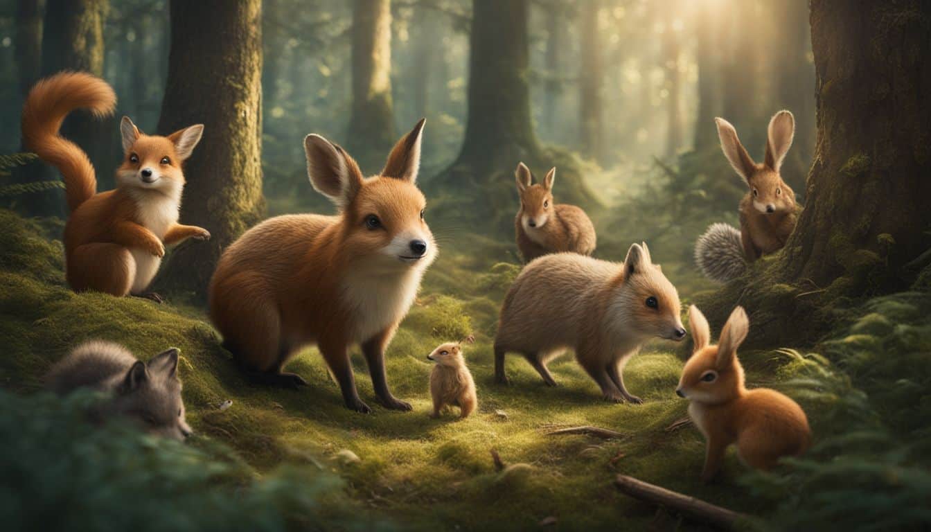 A whimsical illustration of woodland creatures playing hide-and-seek in an enchanted forest clearing.